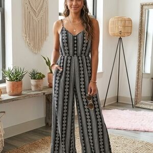 Band of Gypsies Black and Ivory Striped Patterned Wide-Leg Jumpsuit